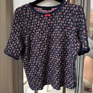 NADYA TOTO top Blue & Red with little red bow added to round neckline Size L